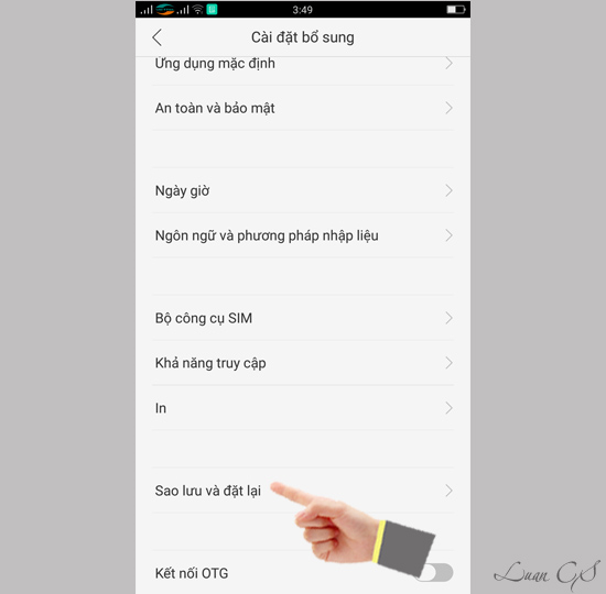 Chọn vào sao lưu và đặt lại
